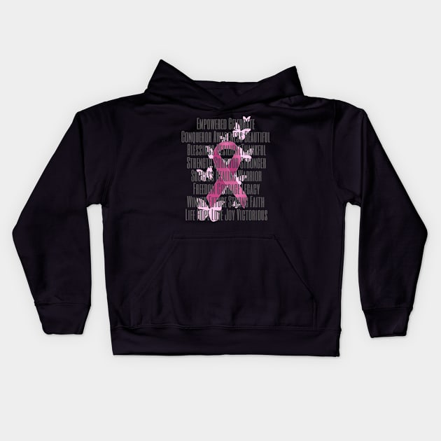 Breast Cancer Ribbon with Encouraging Words Kids Hoodie by AlondraHanley